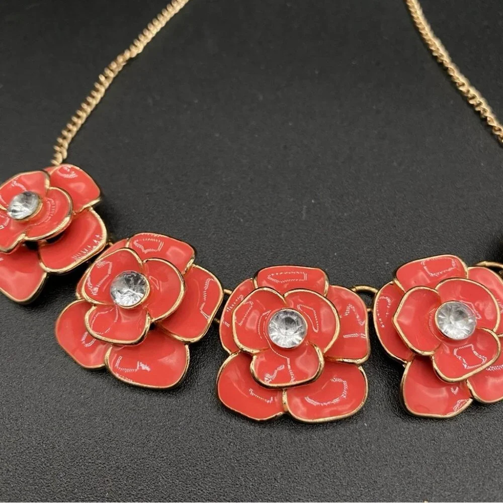 Coral Floral Enamel Rose  Collar Necklace